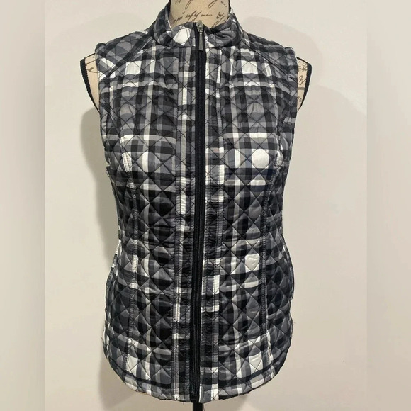 Laura Scott Woman's Quilted Front-Zipper Vest Black White Plaid Size Small - Picture 1 of 8